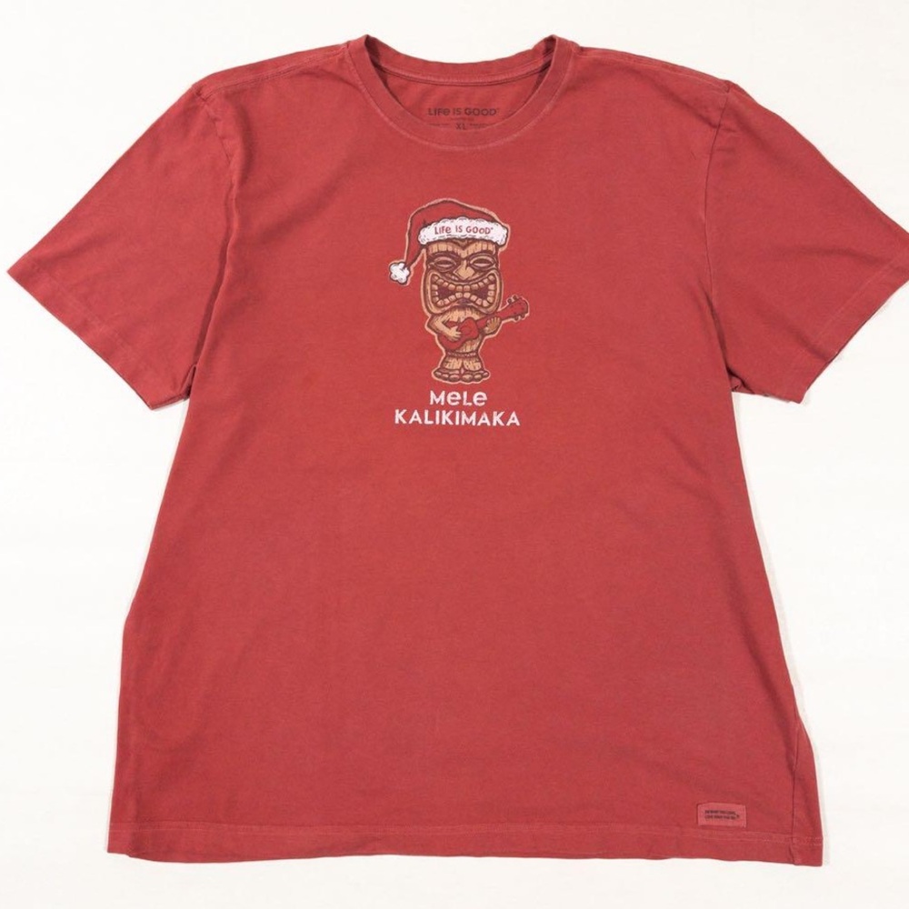 Life is Good Red Mele Kalikimaka Holiday Tiki Graphic Crusher T-Shirt‎ NWT XXXL